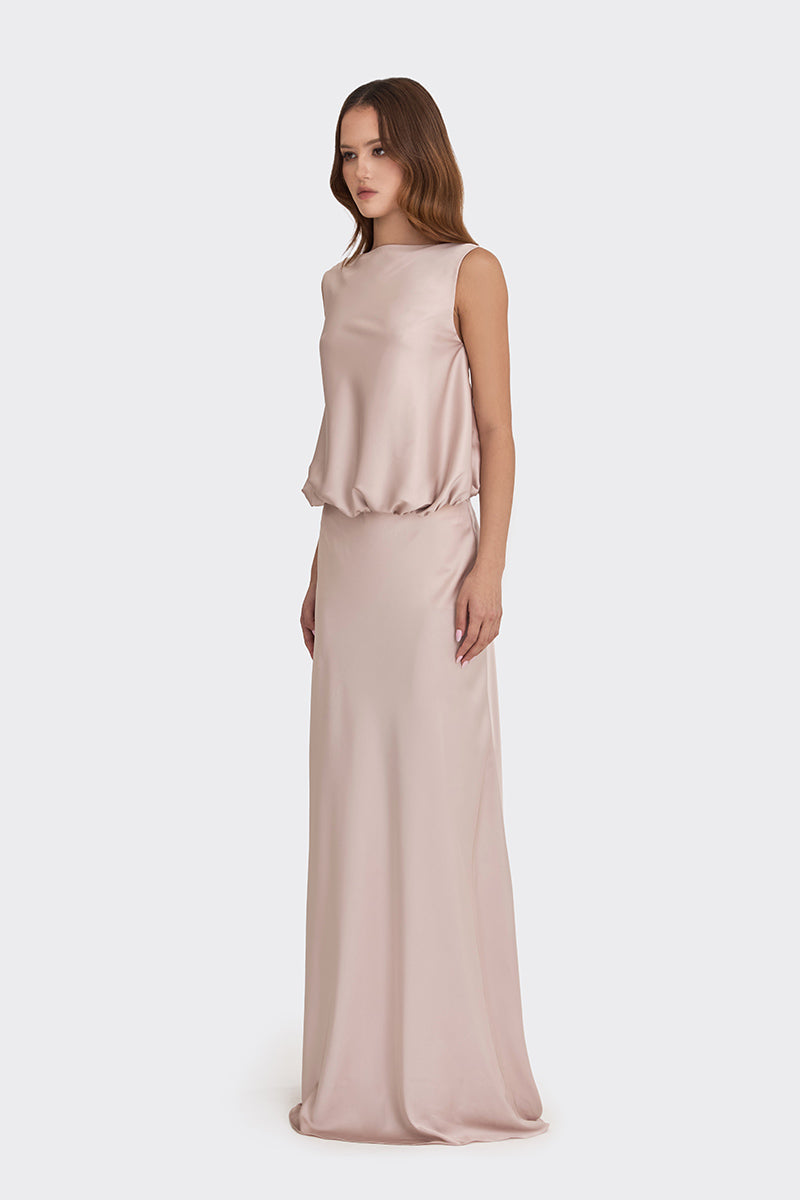 Silver pink puffed boatneck maxi gown by Stolen Stores, flowing fabric with a stylish boatneck design perfect for elegant occasions.