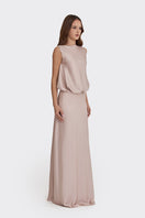 Silver pink puffed boatneck maxi gown from Stolen Stores, flowing fabric with elegant puffed sleeves and a fitted waist.