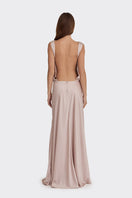 Silver pink puffed boatneck maxi gown from Stolen Stores featuring a flowing silhouette and elegant design.