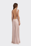 Silver pink puffed boatneck maxi gown by Stolen Stores, featuring elegant puffed sleeves and flowing fabric.