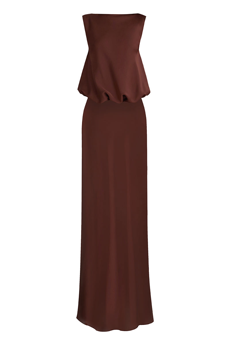 PUFFED BOATNECK MAXI GOWN IN BROWN | CULT MIA