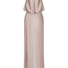 Silver pink puffed boatneck maxi gown from Stolen Stores featuring a flowing, elegant design perfect for formal occasions.