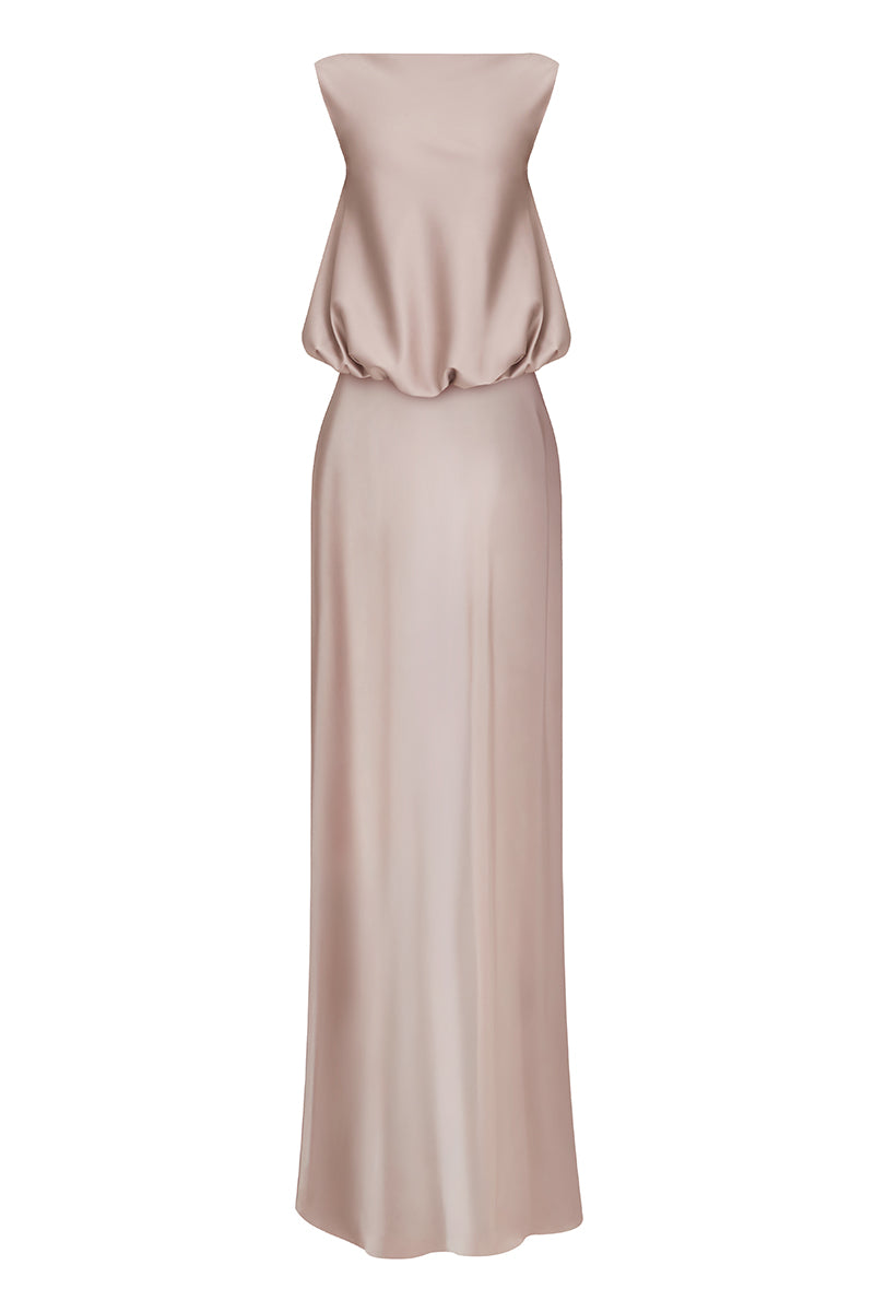 PUFFED BOATNECK MAXI GOWN IN SILVER PINK