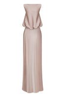 Silver pink puffed boatneck maxi gown from Stolen Stores featuring a flowing, elegant design perfect for formal occasions.