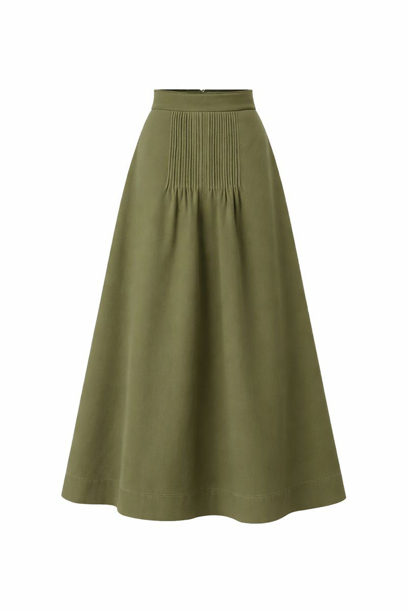 Olive drab midi skirt by ANA + MARIA, featuring a flowing design and lightweight fabric, shown in a ghosted photo.