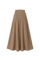 Cream-colored ANA + MARIA Pura midi skirt in camel tone, displayed on a mannequin with a flowing fabric design.