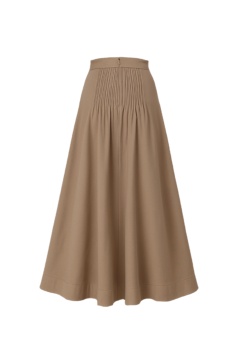 Cream-colored ANA + MARIA Pura midi skirt in camel tone, displayed on a mannequin with a flowing fabric design.