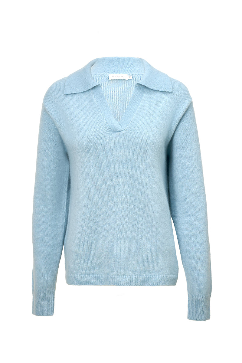 Blue women's polo knit sweater by MANITO, featuring a classic design and comfortable fit, perfect for casual wear.