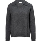 Gray women's polo knit top by MANITO, featuring a classic sweater style with a collared neckline and ribbed cuffs.