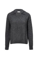 Gray women's polo knit top by MANITO, featuring a classic sweater style with a collared neckline and ribbed cuffs.