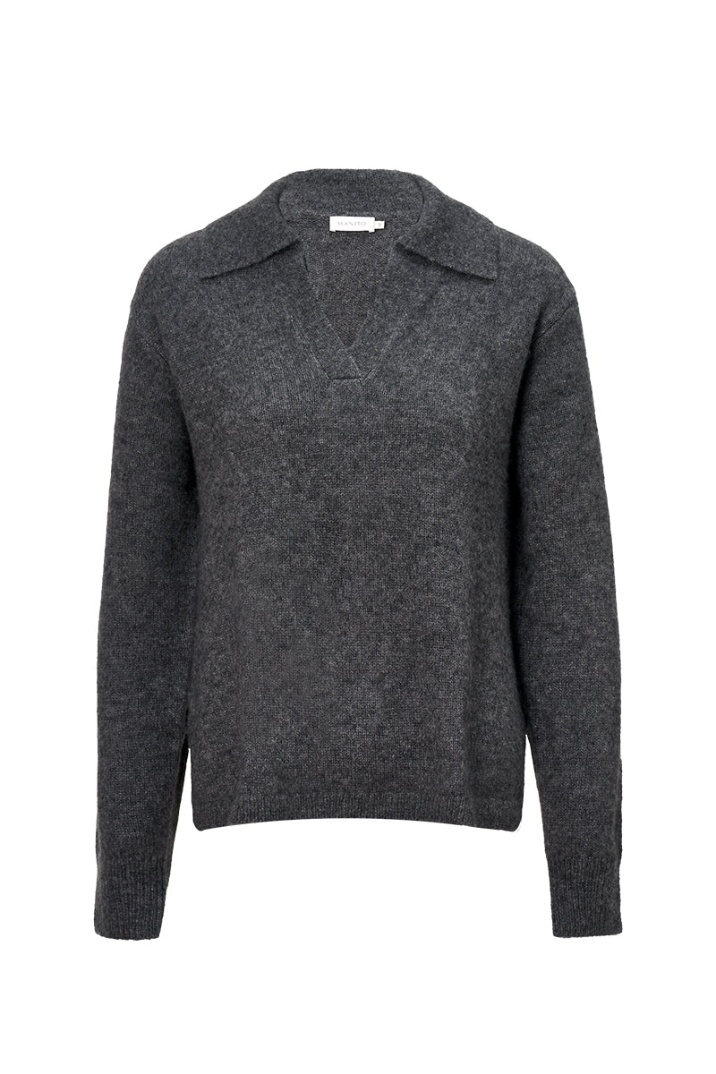 Gray women's polo knit top by MANITO, featuring a classic sweater style with a collared neckline and ribbed cuffs.