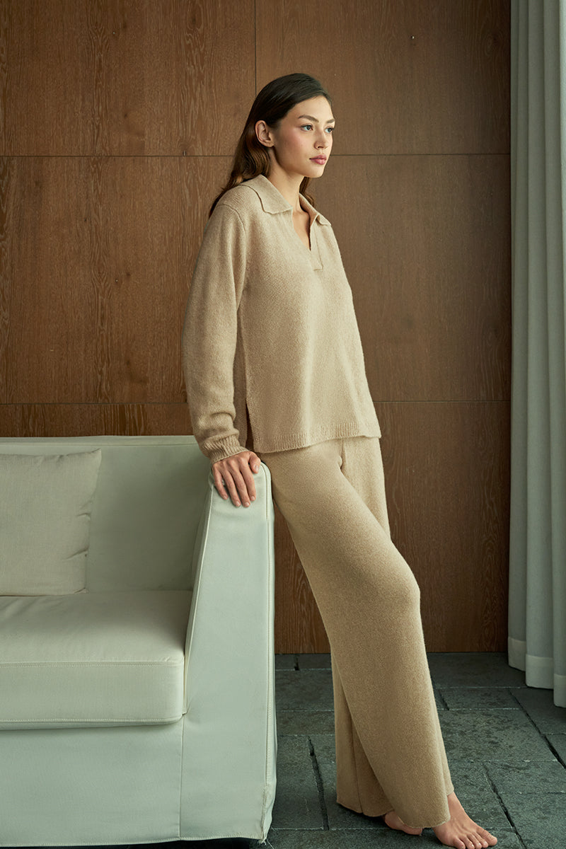 Manito Purity women's beige straight leg knit pants displayed on a model, showcasing a comfortable, casual pant style.