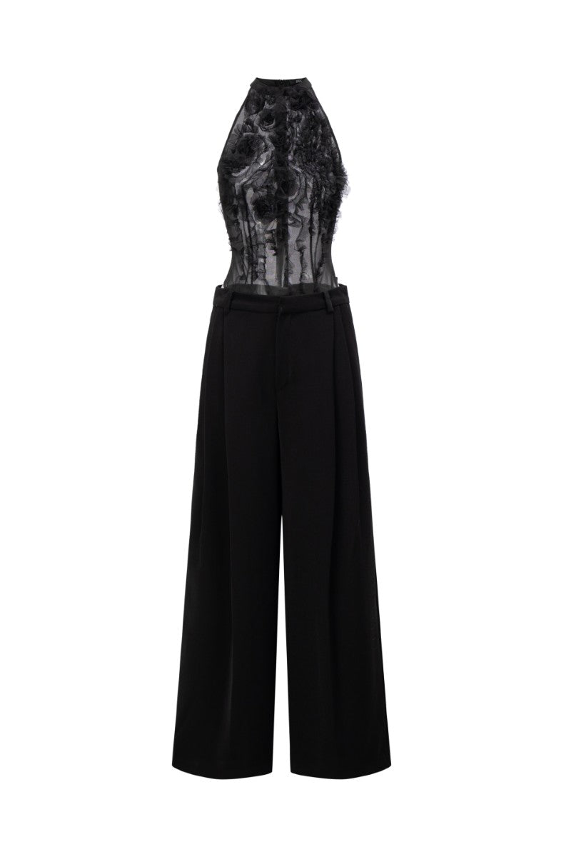 Black Jambari tulle ruffles top with matching Majmat crepe straight pants from 21Six co-ords set, shown on a model.