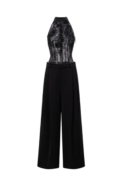 JAMBARI TULLE RUFFLES TOP & MAJMAT CREPE STRAIGHT PANTS IN BLACK