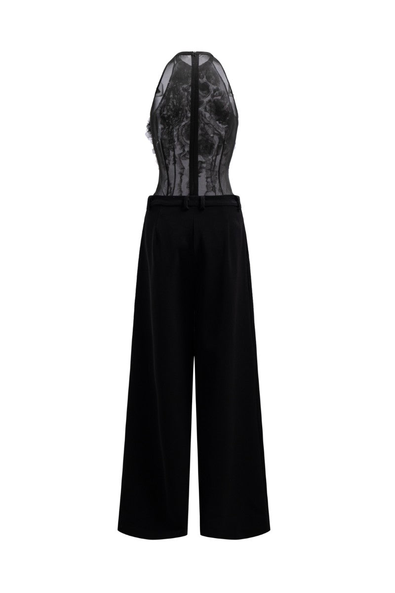 Black Jambari Tulle Ruffles Top and Majmat Crepe Straight Pants co-ord set by 21Six, with ruffled tulle detail on the top.