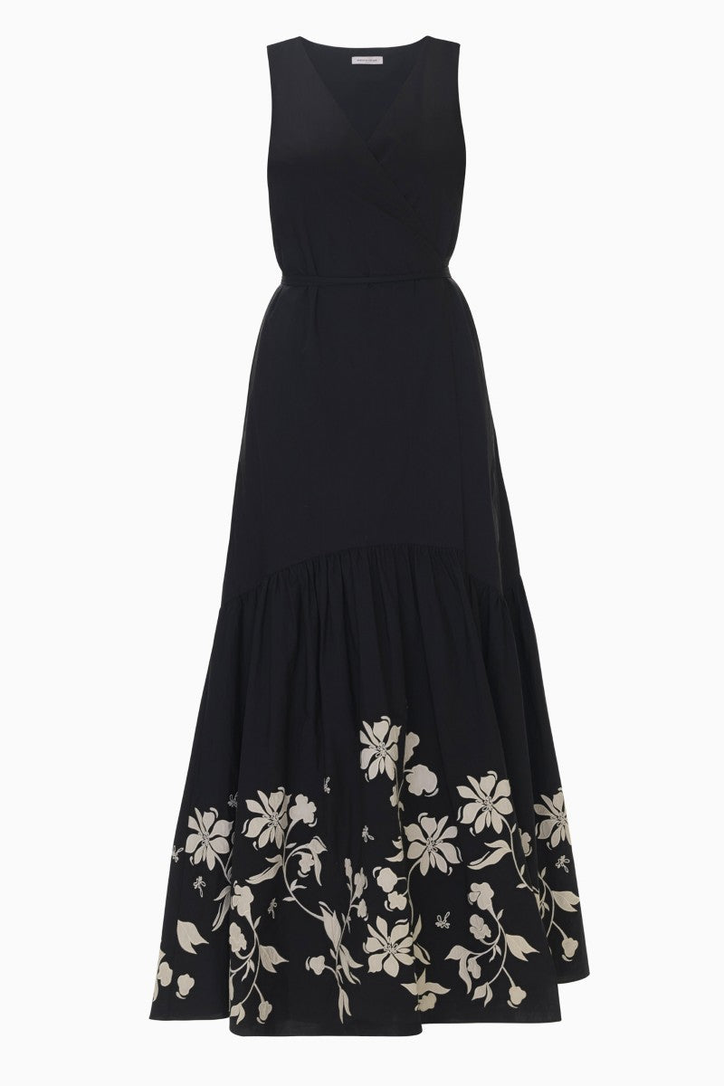 Rebecca Taylor Quinn Applique Dress in black, a stylish maxi dress with intricate applique details, perfect for elegant occasions.