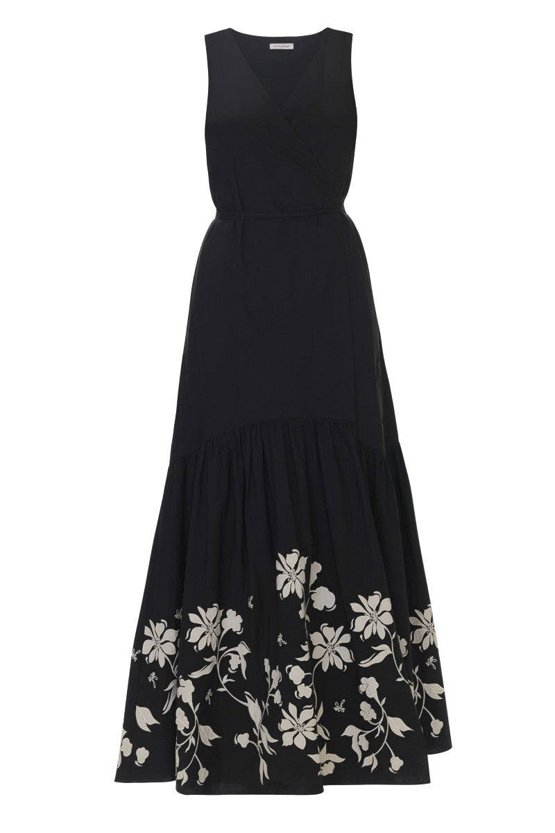 Rebecca Taylor Quinn Applique Dress in black, a stylish maxi dress with intricate applique details, perfect for elegant occasions.