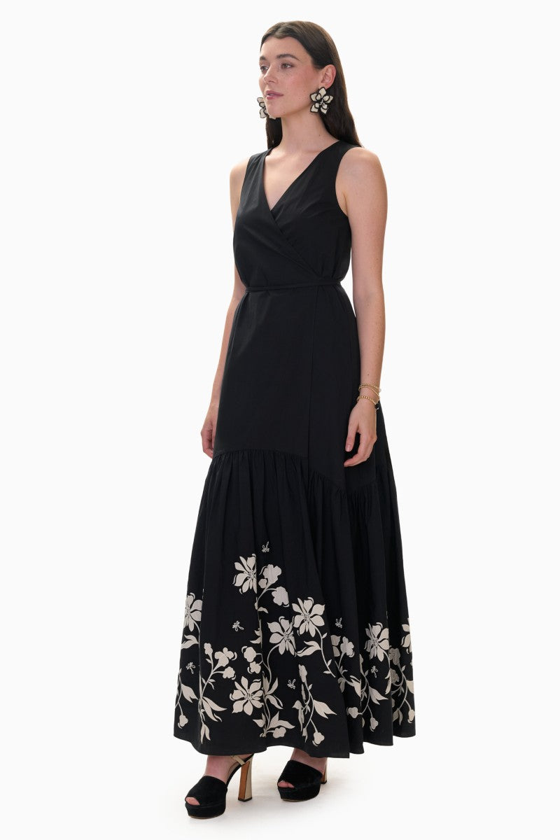 Rebecca Taylor Quinn Applique Dress, elegant black maxi dress with intricate appliqué details, perfect for formal occasions.