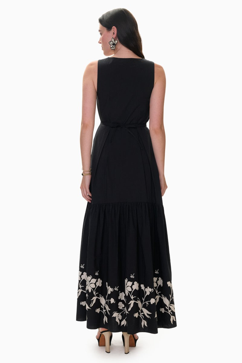 Rebecca Taylor Quinn Applique Dress in black, a stylish maxi dress with intricate appliqué detail, perfect for elegant occasions.