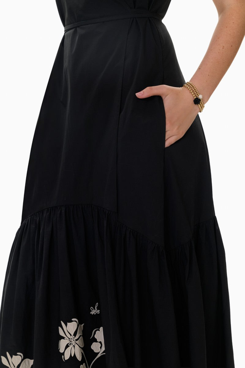 Rebecca Taylor Quinn Applique Dress in black, elegant maxi dress with intricate appliqué details.