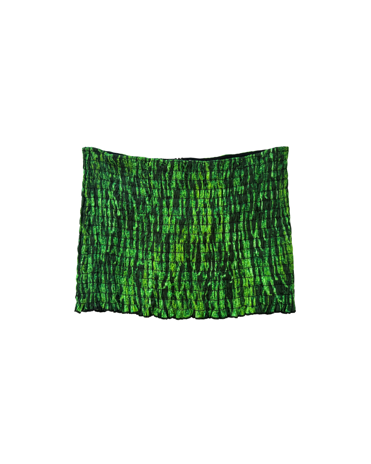 Green printed mini skirt with shirred details from Chictopia, shown with a flattering fit and stylish design.