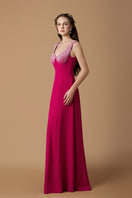 Dark pink crepe de chine A-line gown by I.H.F featuring a queen neckline and elegant flowing design.