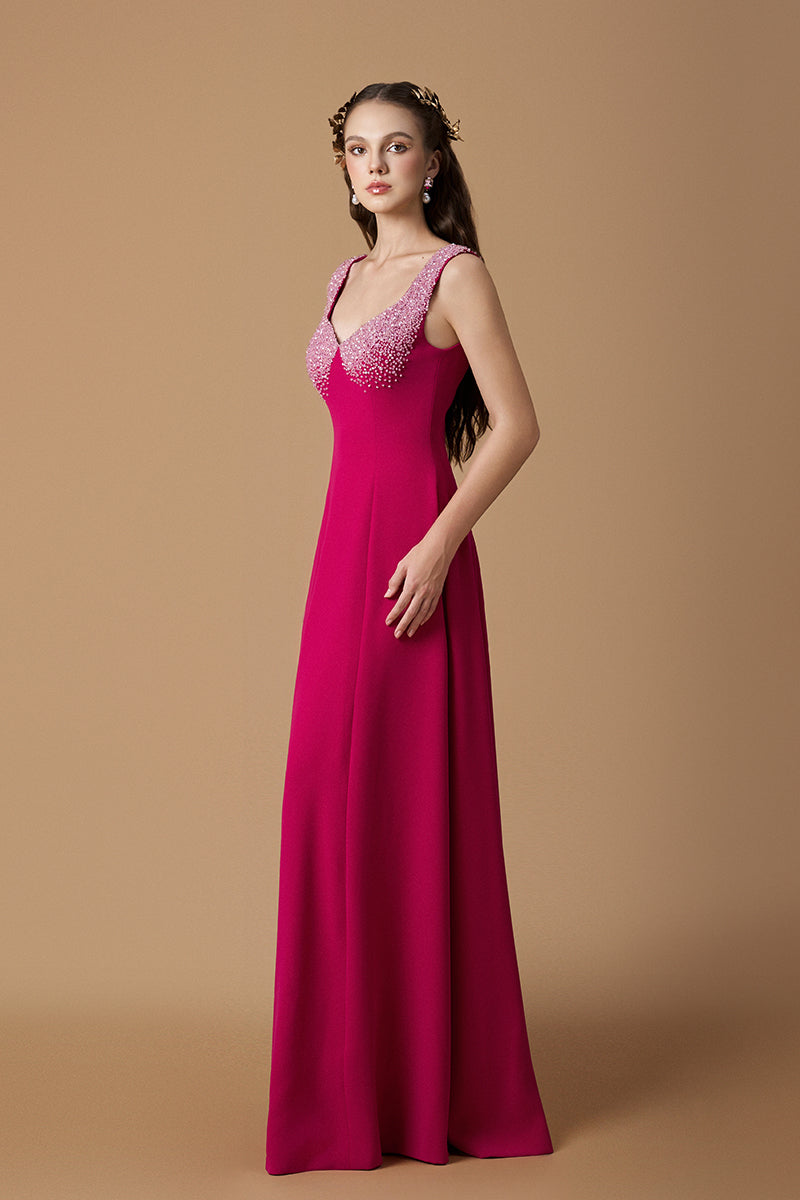 Dark pink crepe de chine A-line gown by I.H.F featuring a queen neckline and elegant flowing design.