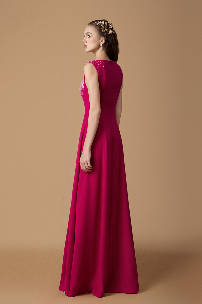 Dark pink crepe de chine A-line gown by I.H.F, featuring a flowing silhouette and elegant design, showcased on a model.