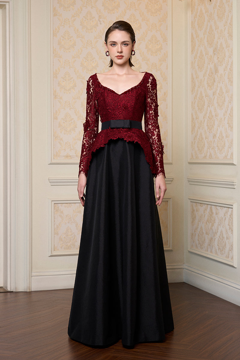 Heart-shaped long sleeve gown in dark red French lace with black taffeta from I.H.F, featuring an elegant queen Ann neck design.