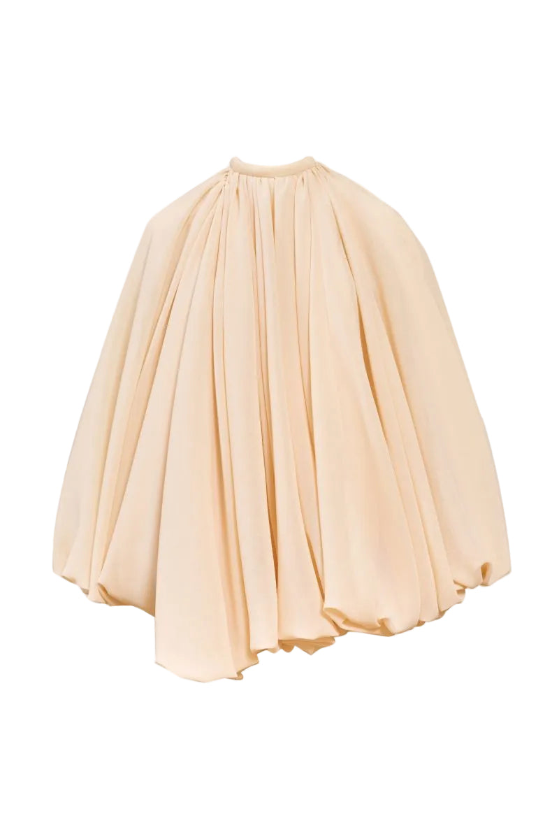 YASSMIN SALEH Quietude ivory mini dress with ghostly front design, showcasing elegant, lightweight fabric and stylish fit.