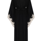 Black lace kimono robe by Bocan Couture featuring long black fabric with elegant gold lace trim.