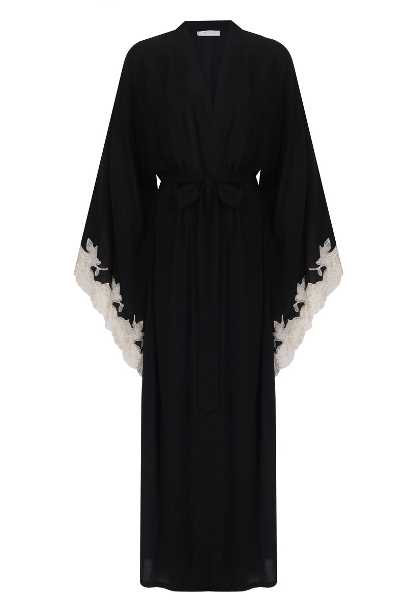 ANASTASIA LONG BLACK WITH GOLD LACE KIMONO - CULT MIA