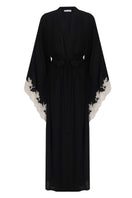 Black lace kimono robe by Bocan Couture featuring long black fabric with elegant gold lace trim.