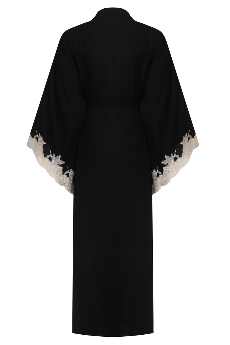 black lace kimono sleeve dress Koko + Mason Printed Kimono Sleeve Lace Detail Maxi Dress In Black
