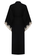 Black long lace kimono robe by Bocan Couture with gold accents, featuring intricate lace details and flowing fabric.