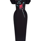 Tiny Ink Blossom Noir midi dress with hand-painted black fabric, sleeveless design, and elegant midi length.
