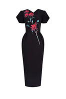 Tiny Ink Blossom Noir midi dress with hand-painted black fabric, sleeveless design, and elegant midi length.