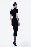 Tiny Ink Blossom Noir midi dress featuring hand-painted black fabric, elegant midi length, and stylish design.