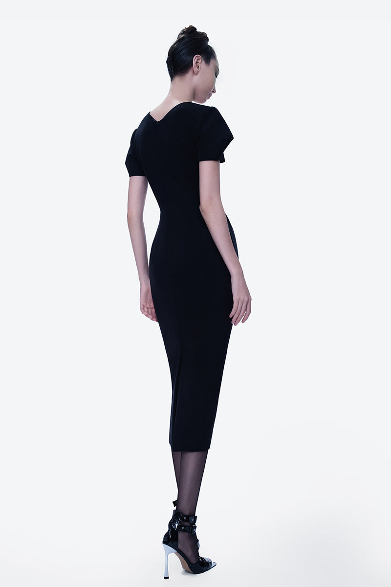 Tiny Ink Blossom Noir midi dress featuring hand-painted black fabric, elegant midi length, and stylish design.