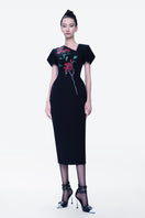 Tiny Ink Blossom Noir midi dress featuring hand-painted black fabric and elegant midi length for stylish occasions.