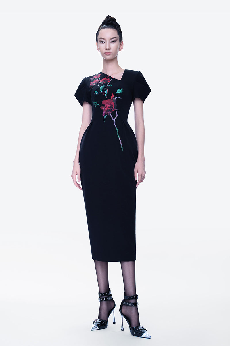 Tiny Ink Blossom Noir midi dress featuring hand-painted black fabric and elegant midi length for stylish occasions.
