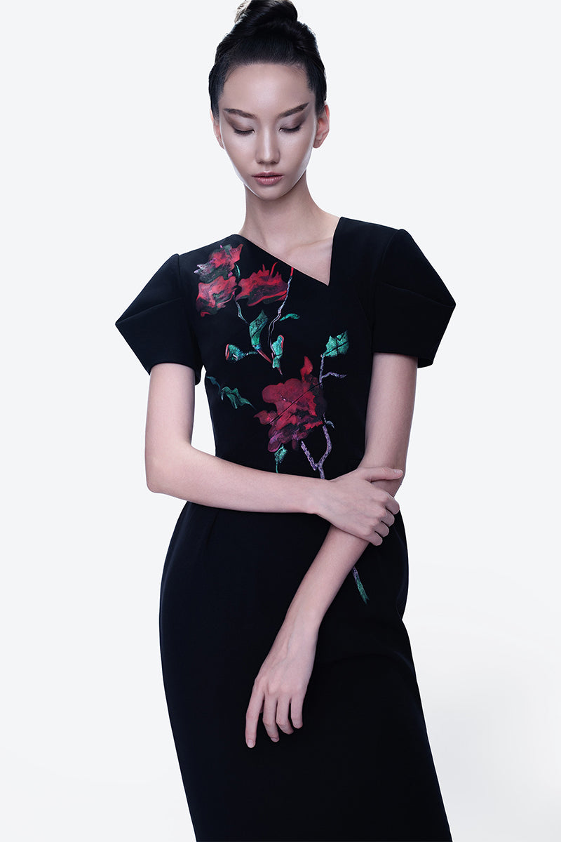Tiny Ink Blossom Noir midi dress featuring hand-painted black fabric, flowing silhouette, and elegant design.