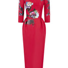 Tiny Ink Blossom Horizon midi dress in hand-painted crimson red with floral patterns, flowing midi-length for elegant style.