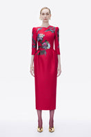 Tiny Ink Blossom Horizon midi dress in hand-painted crimson red with floral patterns, elegant midi-length design.