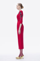 Tiny Ink Blossom Horizon midi dress in crimson red with hand-painted floral design, sleeveless with a flowing midi length.