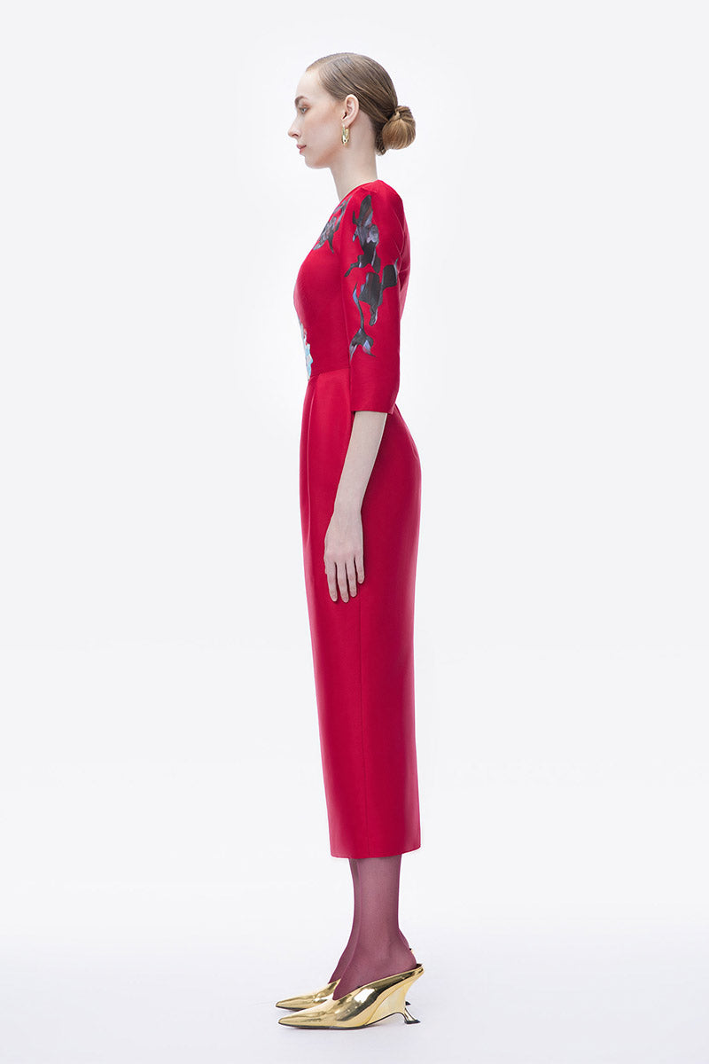 Tiny Ink Blossom Horizon midi dress in crimson red with hand-painted floral design, sleeveless with a flowing midi length.