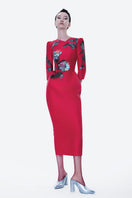 Tiny Ink Blossom Horizon midi dress in hand-painted crimson red, flowing midi dress with artistic floral patterns.