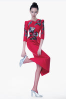 Tiny Ink Blossom Horizon midi dress in crimson red with hand-painted floral design, flowing midi length, stylish and vibrant.