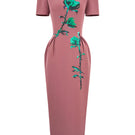 Pink handmade painted Tiny Ink midi dress with elegant flowy design, perfect for stylish occasions.