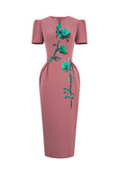 Pink handmade painted Tiny Ink midi dress with elegant flowy design, perfect for stylish occasions.